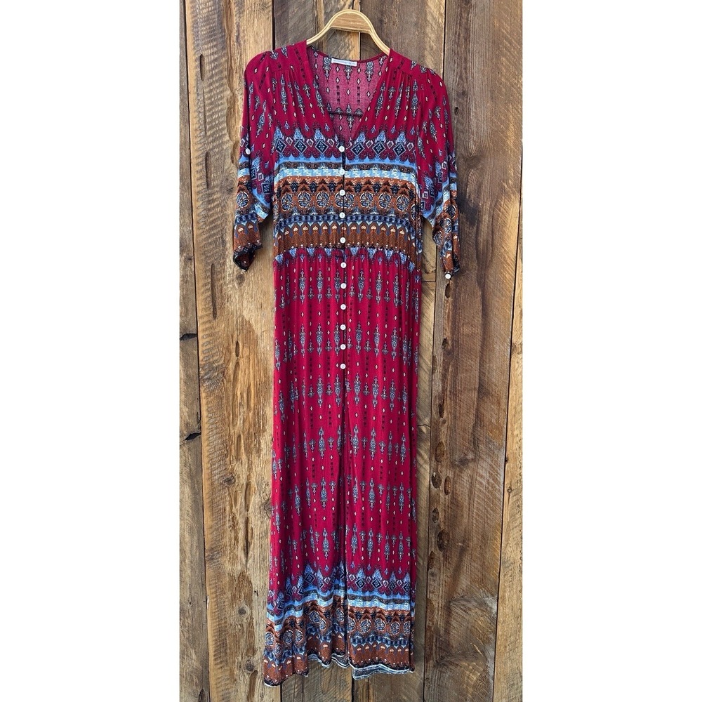 Red Printed Maxi Dress with V-Neck